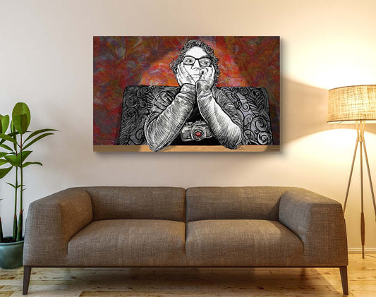 Photographer Laura Rojo portrait by Doug LaRue large canvas print on a wall above a couch