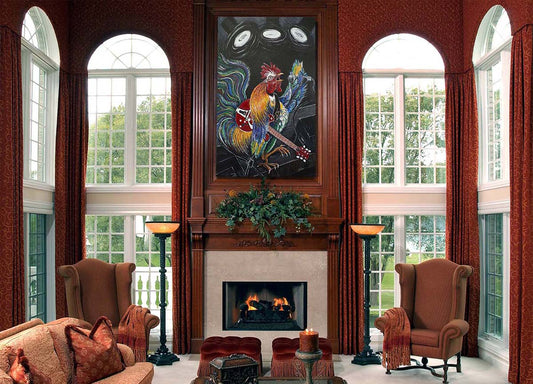 Ruling the Roost framed over a luxury fire place in a large living space
