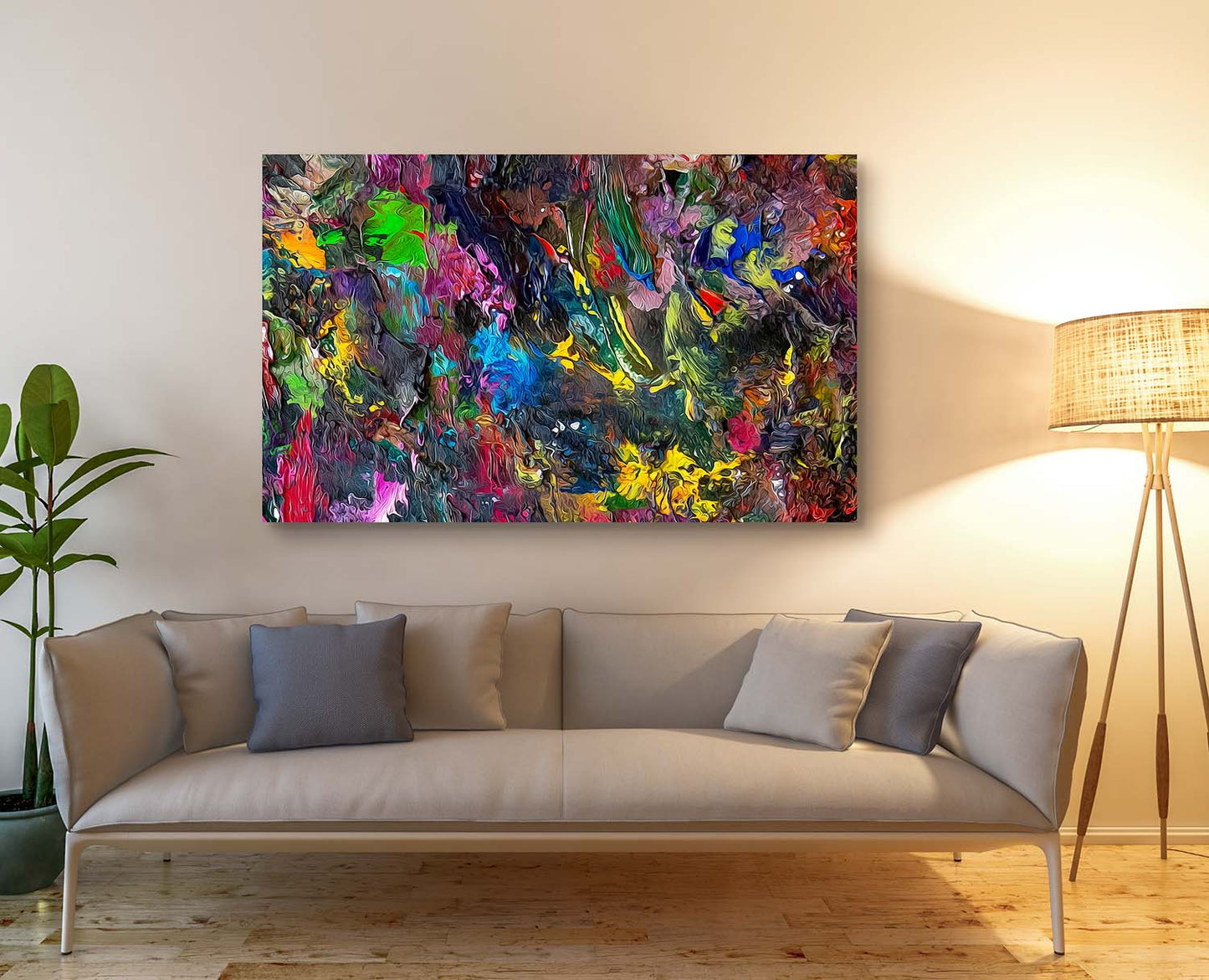 Vid-19 Aft Thrusters art print by Doug LaRue hanging on a wall over a couch near a lamp and a plant