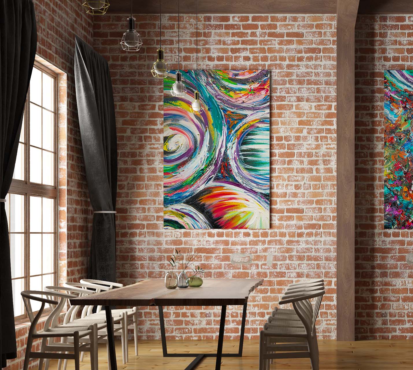 Vid-19 Quintescent abstract art print by Doug LaRue in a dining room on a brick wall near a window