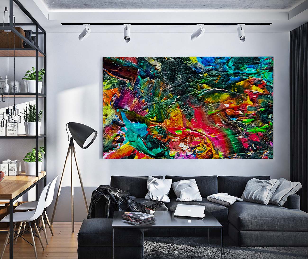 Watermelon Taffy abstract art by Doug LaRue on a living room wall