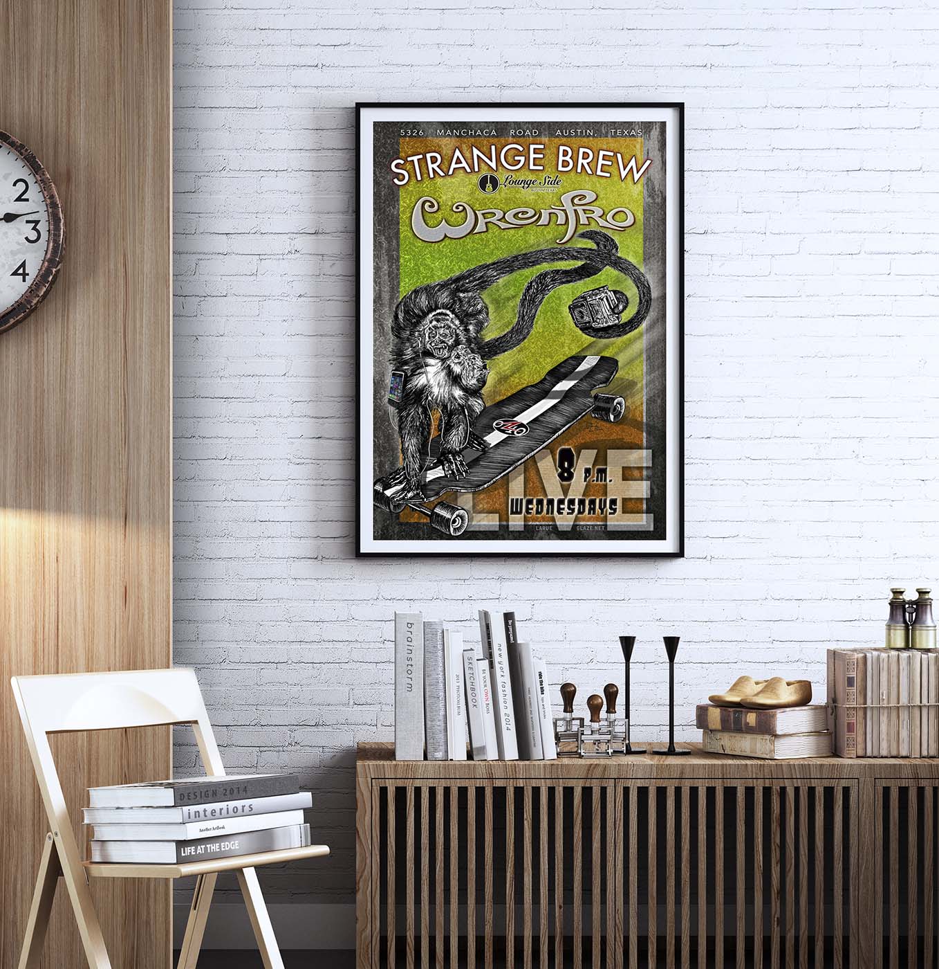 Wrenfro Strange Brew Poster by Doug LaRue on white brick wall