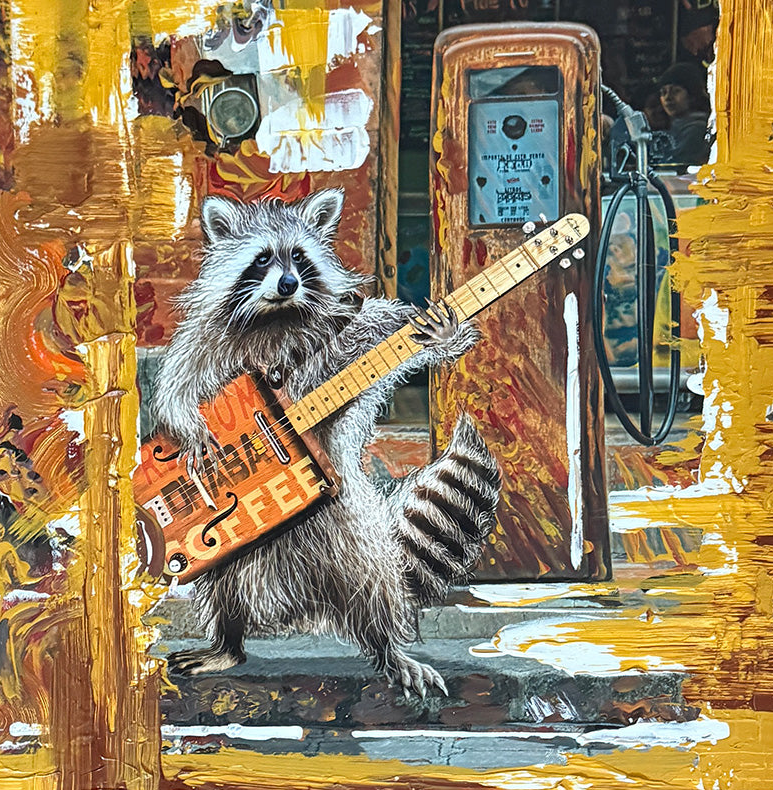 Painting of a raccoon playing an electric guitar with a textured gold and brown background.