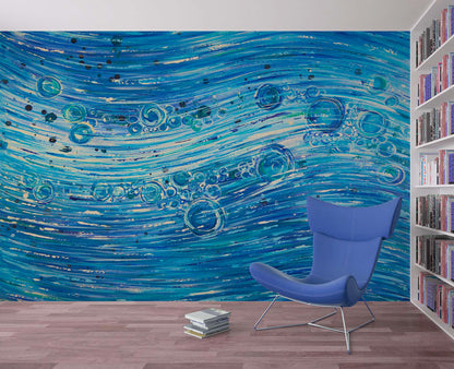 Room interior with a blue chair against a wall with a blue abstract design. 1420 Water Flow by Doug LaRue