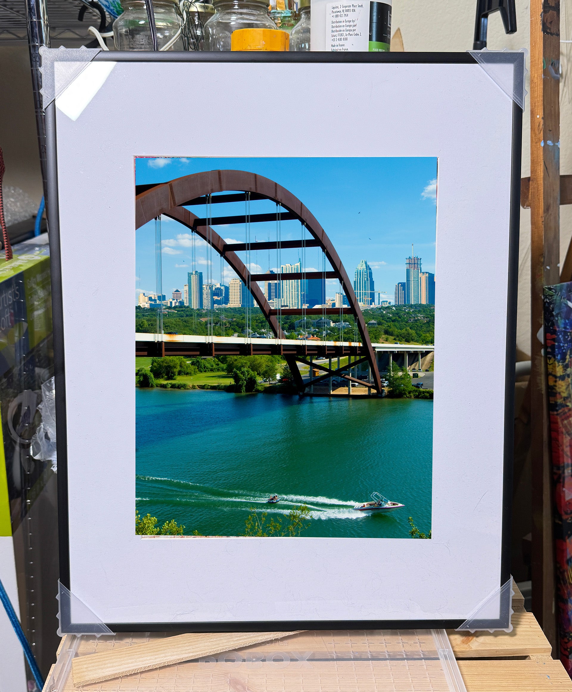 Pennybacker Bridge Skiboat photograph 16x20x1 metal black frame