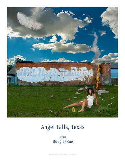 Woman sitting on grass in front of a destroyed building with 'Angel Falls, Texas' mixed media art by Doug LaRue
