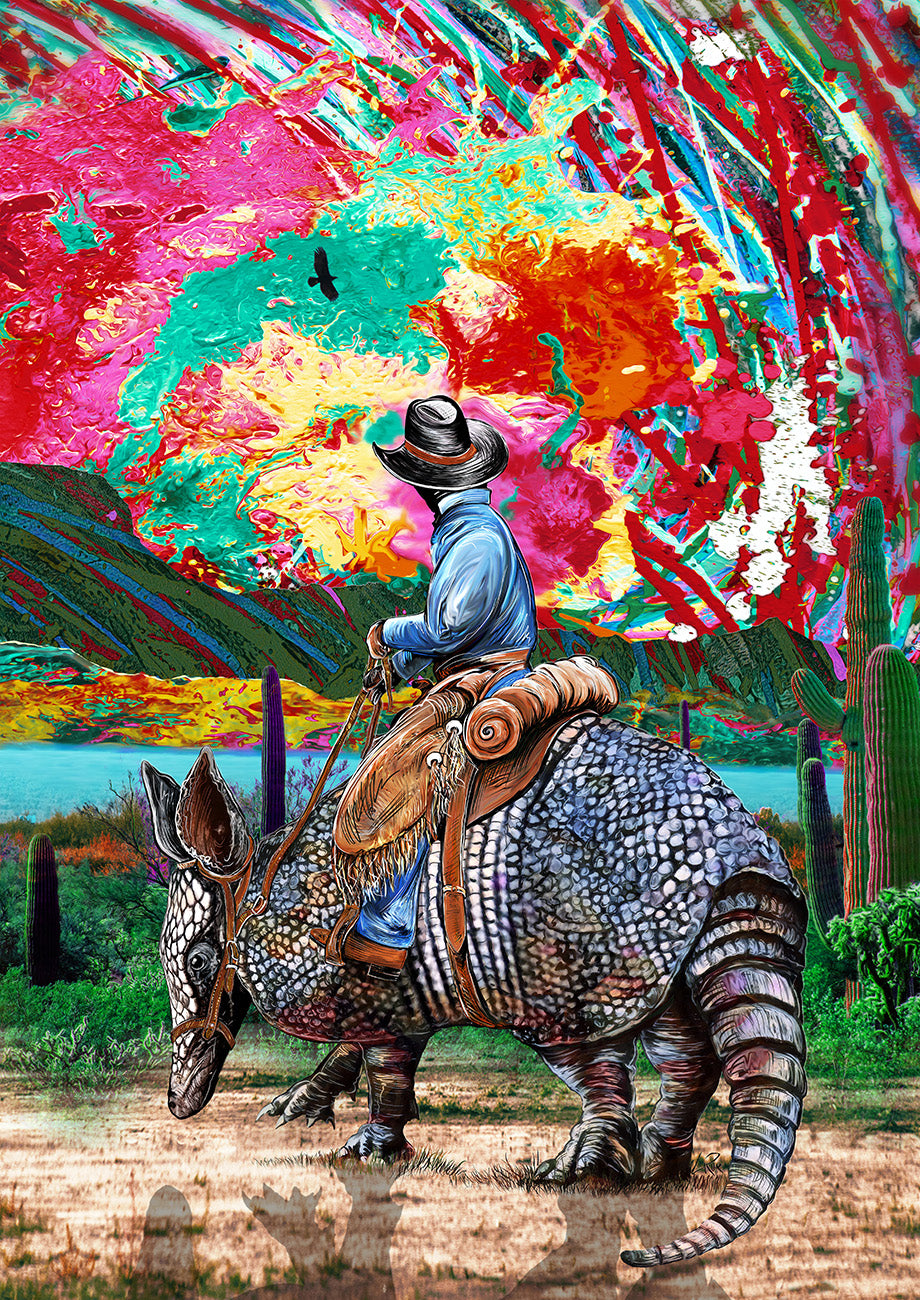 Armadillo Cowboy Sunset Hawk mixed media art by Doug LaRue