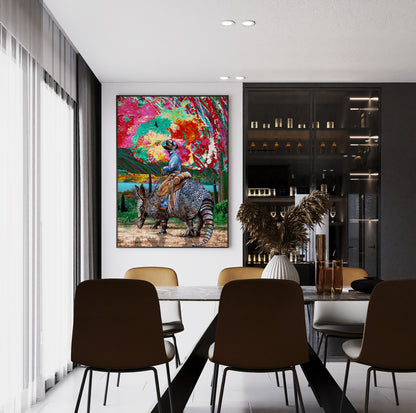 Armadillo Cowboy Sunset Hawk mixed media art by Doug LaRue in a black metal frame on a dining room wall