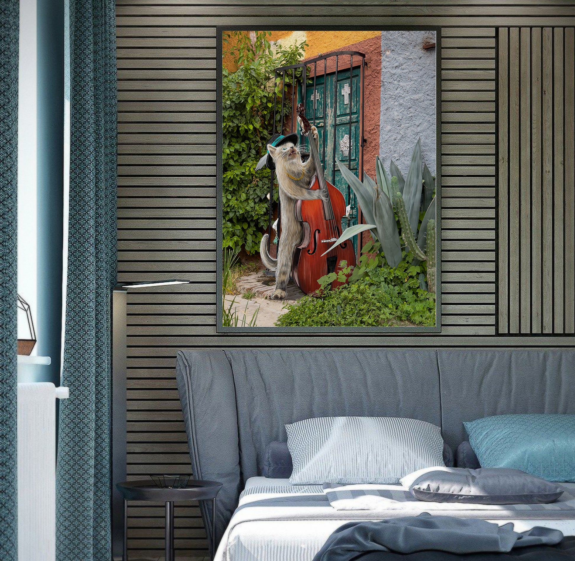 Scruffy the Bass Guitar Cat by Doug LaRue on a wall over a bed