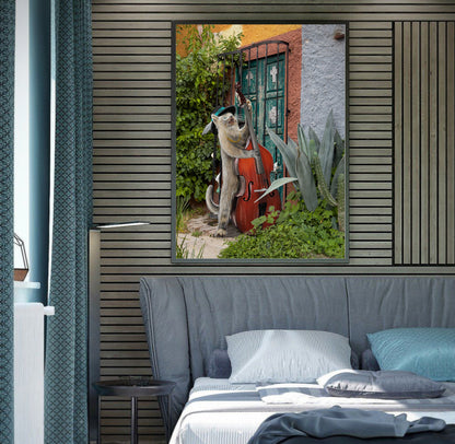 Scruffy the Bass Guitar Cat by Doug LaRue on a wall over a bed