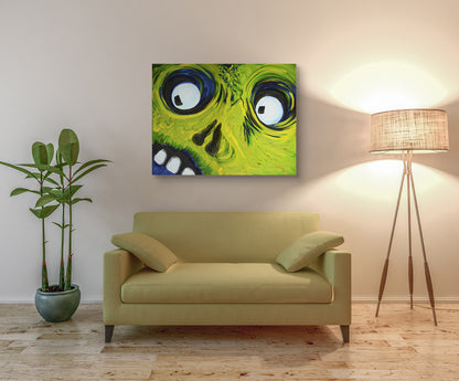 Crazy Eyes oil painting by Doug LaRue on a wall over a small couch