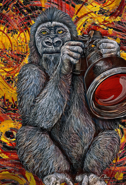 A stylized painting of a gorilla holding a large camera, set against a vivid abstract background of yellow, red, orange, and black brushstrokes. 