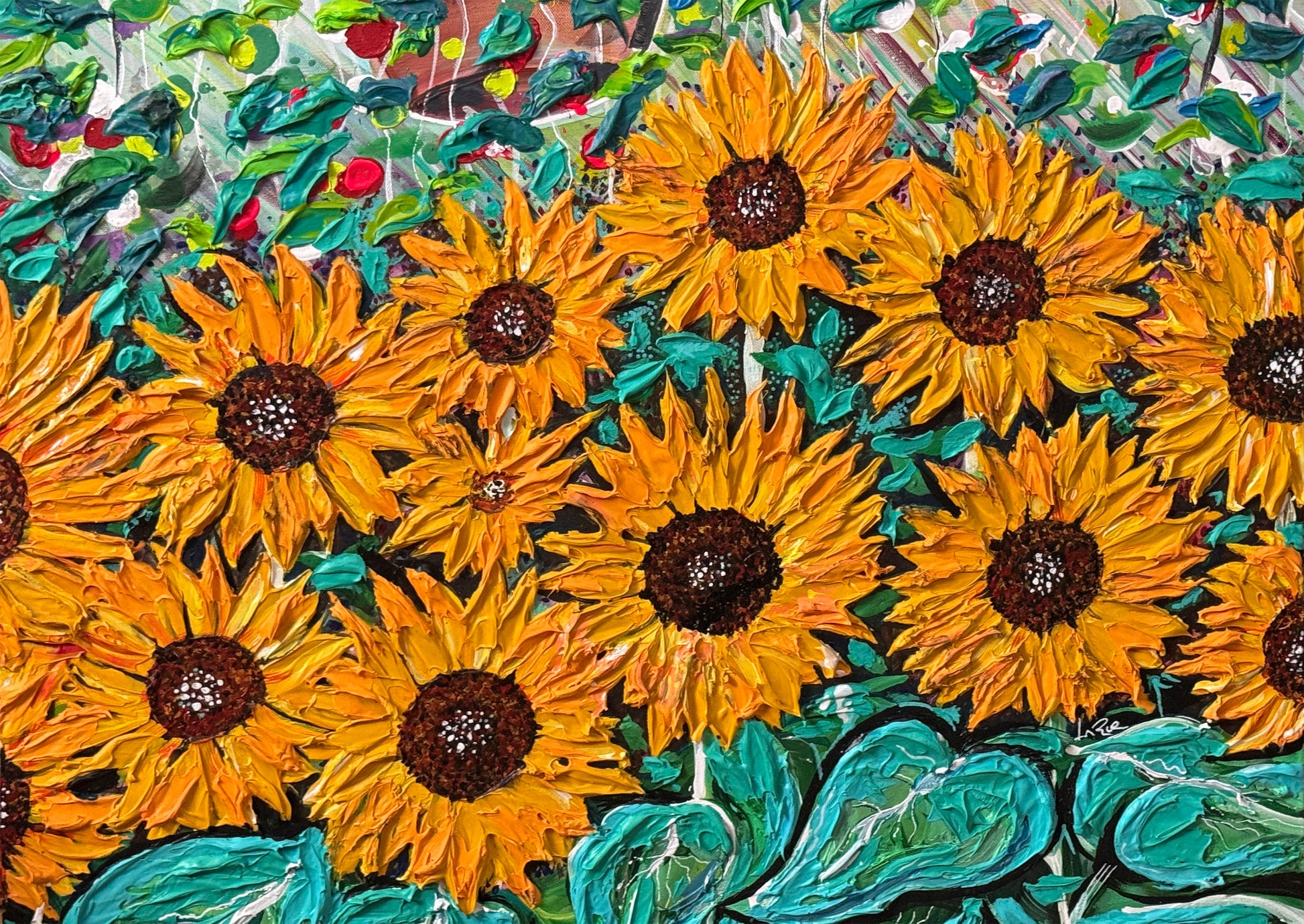 Mosaic artwork of sunflowers with a colorful background
