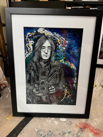 John Lennon Twin Lens 18x24x1 black wood fame white mat @NeWorlDeli