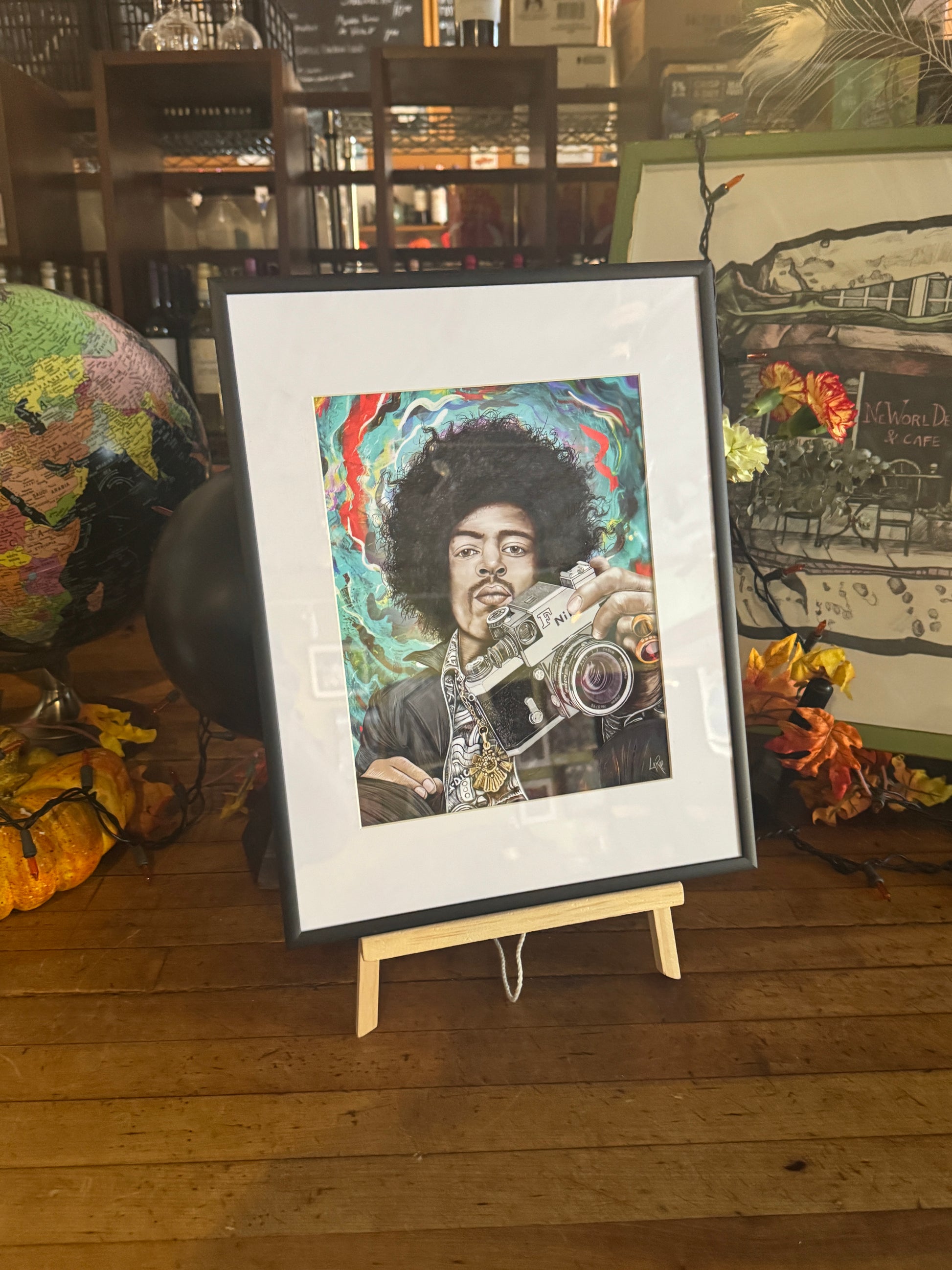 Jimi Hendrix F Photomic mixed media art by Doug LaRue blk metal frame on easel