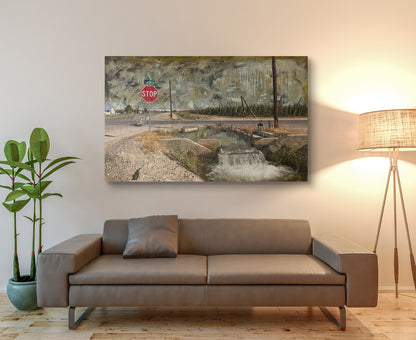 Larue Rd. mixed media art by Doug LaRue large print over a tan couch