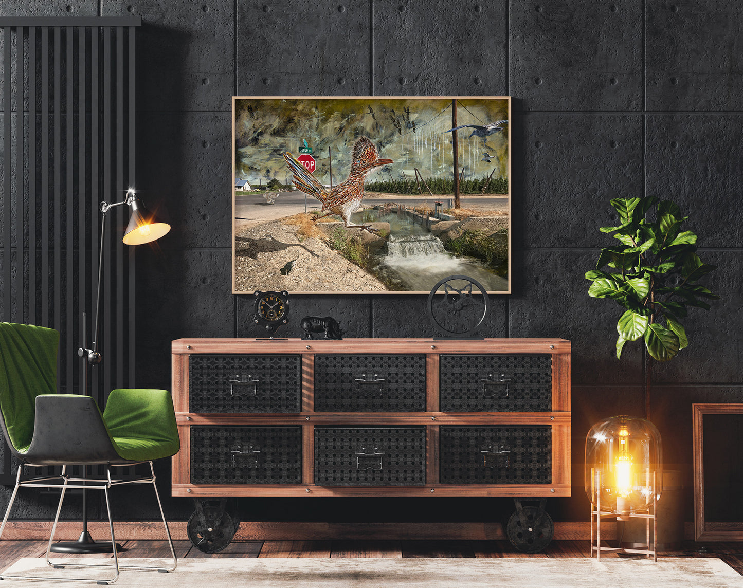 Larue Road Runner mixed media art by Doug LaRue on a black concrete wall in a study