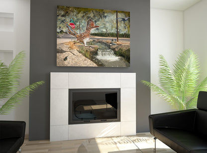 Larue Road Runner mixed media art by Doug LaRue on a mantel over a fireplace