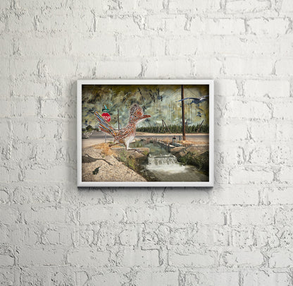 Larue Road Runner mixed media art by Doug LaRue on a white brick wall in a study