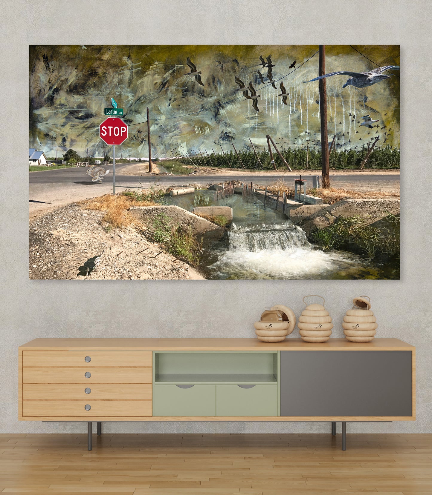 Larue Roadrunner mixed media art by Doug LaRue over a wood cabinet