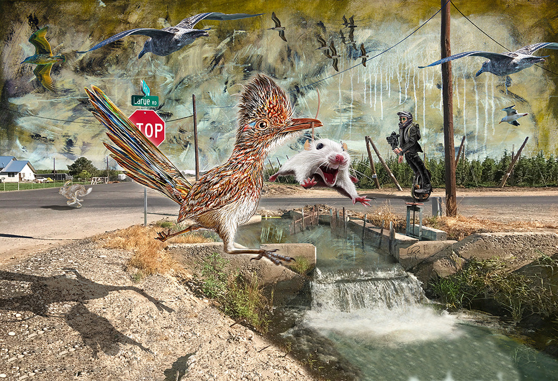 A surreal collage-style artwork showing a large brown and white bird in the foreground, a white mouse mid-leap beside a small stream, a stop sign, utility poles, a mural with flying birds, and a person riding a unicycle in the background. LaRue Road by Doug LaRue