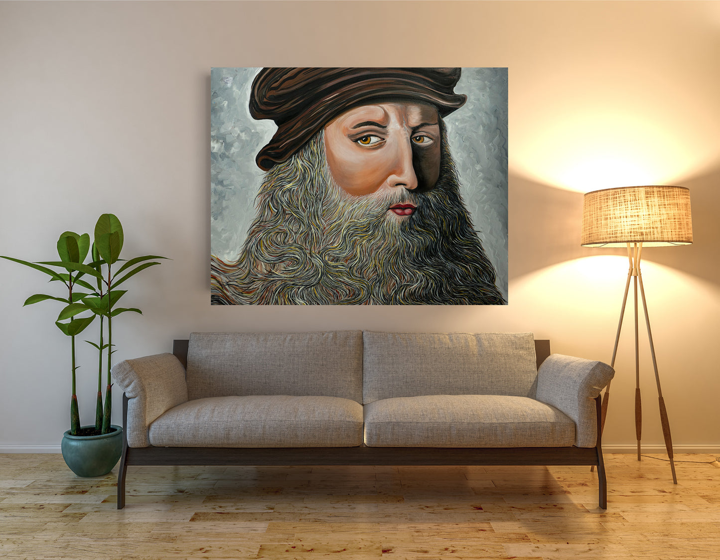 Leonardo Da Vinci portrait oil painting by Doug LaRue hanging over a tan couch