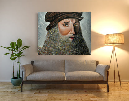 Leonardo Da Vinci portrait oil painting by Doug LaRue hanging over a tan couch
