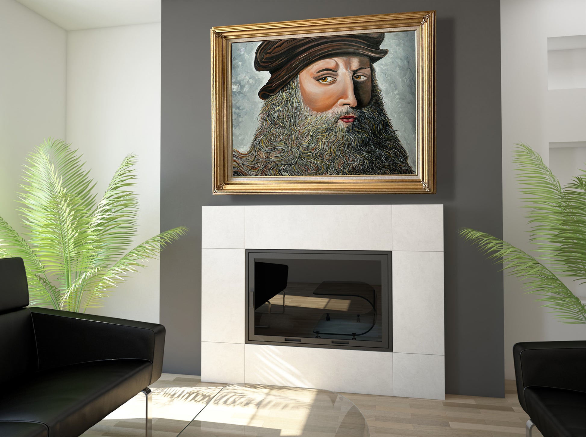 Leonardo Da Vinci portrait oil painting by Doug LaRue hanging over a modern fireplace