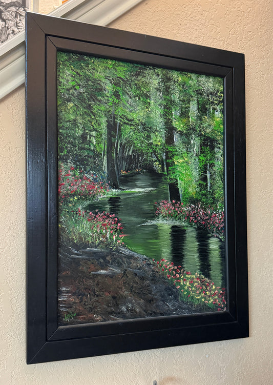 Multnomah Creek original canvas in a 3 in. wide black rustic wood frame