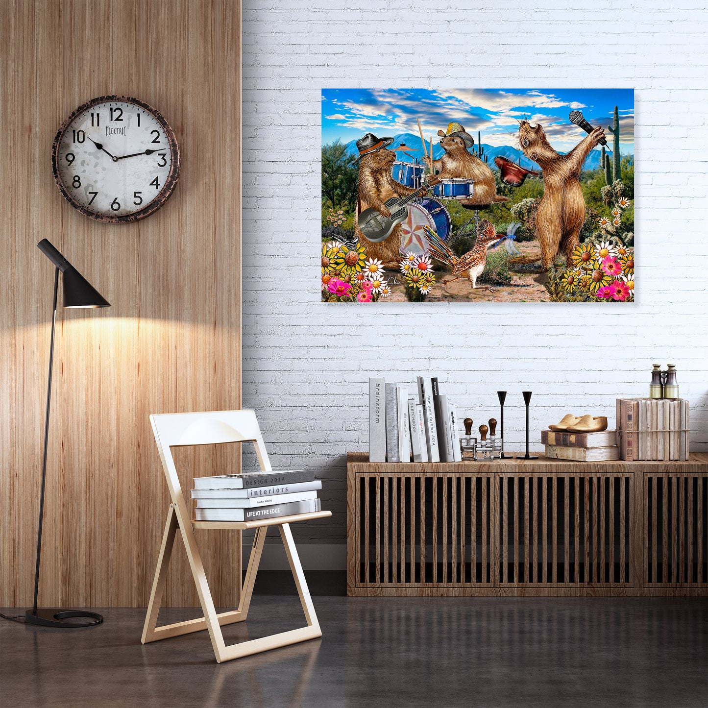 PRAIRIE DOG SPRING canvas on a white brick wall in a study