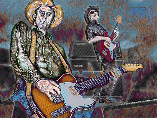 Two musicians, Slim and Red Blues by Doug LaRue, playing guitars with a colorful, abstract background