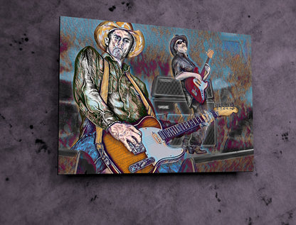 Two musicians, Slim and Red Blues by Doug LaRue, playing guitars with a colorful, abstract background