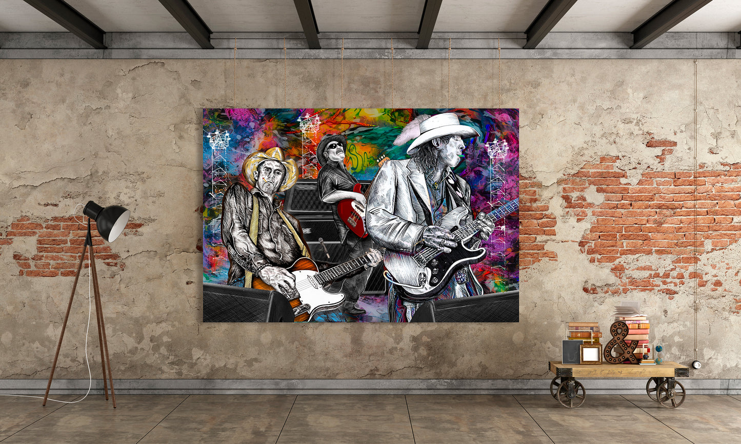 Colorful painting of musicians on a textured wall with a lamp and small table in the foreground. Slim, Red and Stevie Ray by Doug LaRue