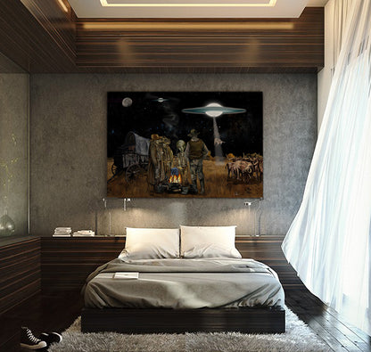Modern bedroom with a large painting of extraterrestrial negotiating the price of dinner with some cowboys on a cattle drive scene on the wall.