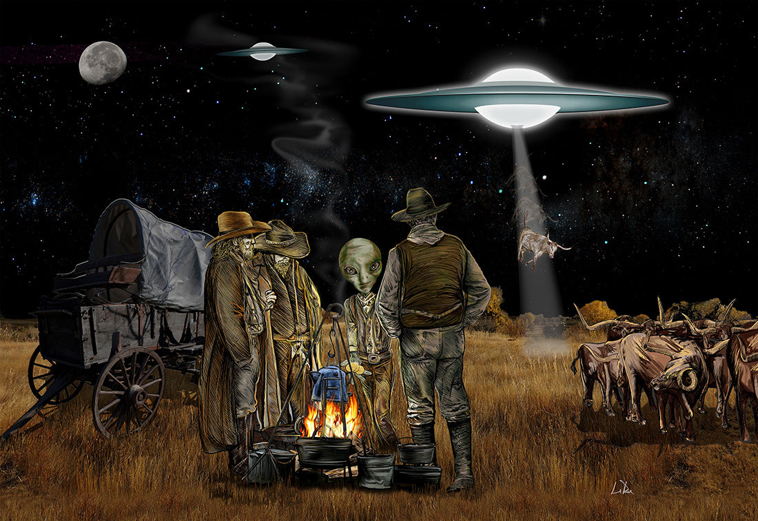 Illustration of a UFO over a group of cowboys and a covered wagon in a rural pasture setting in the waining moon.