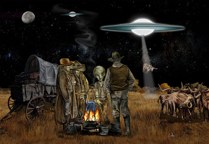 Illustration of a UFO over a group of cowboys and a covered wagon in a rural pasture setting in the waining moon.
