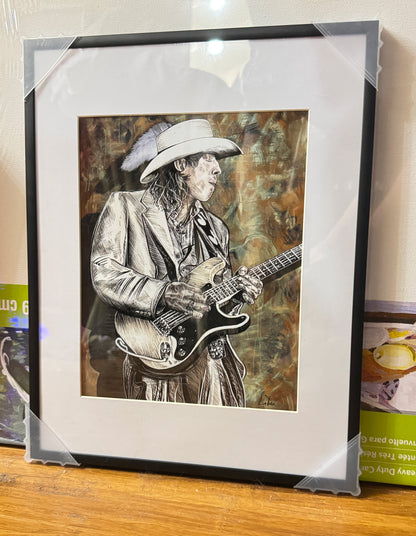 Stevie Ray Vaughan 22 artwork by Doug LaRue 11x14x1 black metal frame