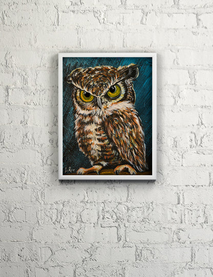 Turquoise Owl acrylic on canvas tin a white frame on a white brick wall