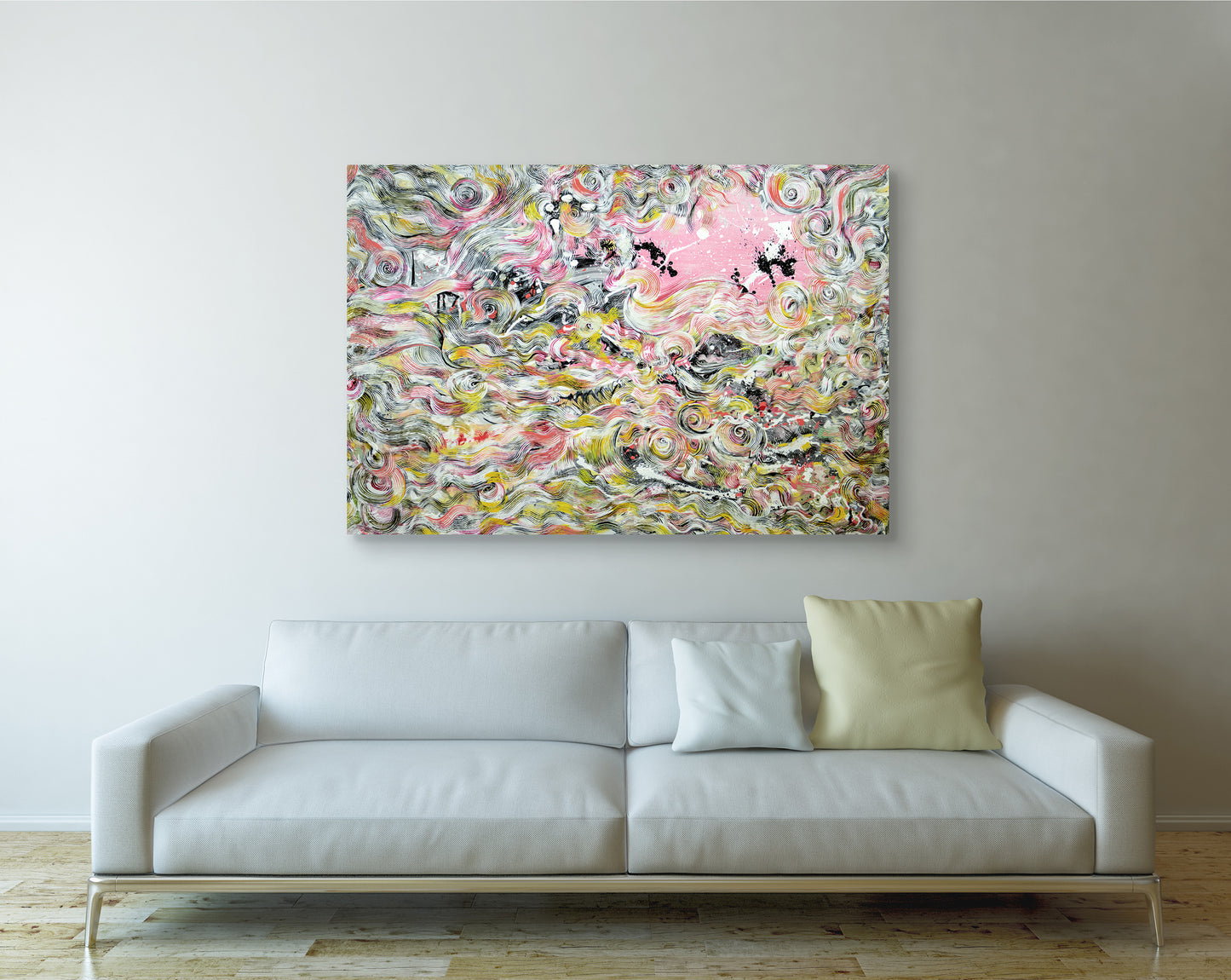 Verona abstract art canvas by Doug LaRue on a white wall over a modern stylish white leather couch