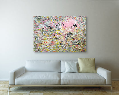 Verona abstract art canvas by Doug LaRue on a white wall over a modern stylish white leather couch