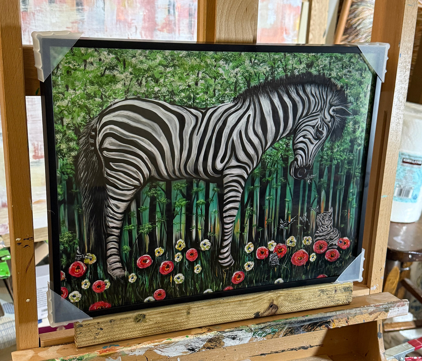 Zebra Striped Friends mixed media art by Doug LaRue. Framed artwork of a zebra in a forest with flowers