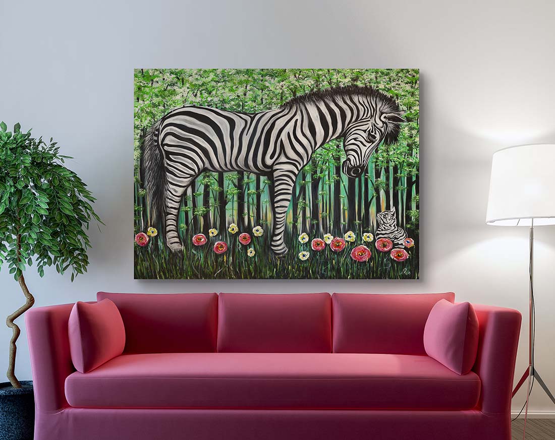 Zebra Stripes oil painting on canvas by Doug LaRue on a livingroom wall