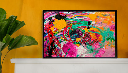 Sweetbriar by Doug LaRue on a white mantel leaning on a yellow wall next to a green plant