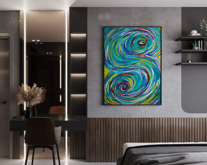 S Abstract canvas painting by Doug LaRue on a bedroom wall