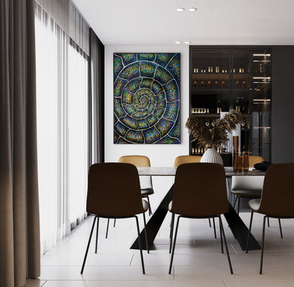 Silver Nautilus Ammonite painting on a dining room wall