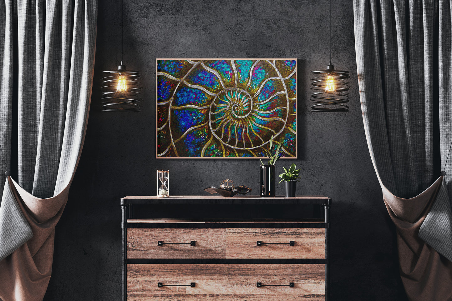 Ammonite a strict by Doug LaRue on a grey wall over a dresser between hanging lamps and curtains