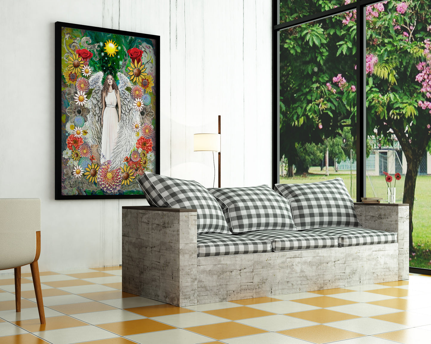 Angel Flowers by Doug LaRue Version 2.0 c. 2025 large custom framed print on a luxury living room wall.