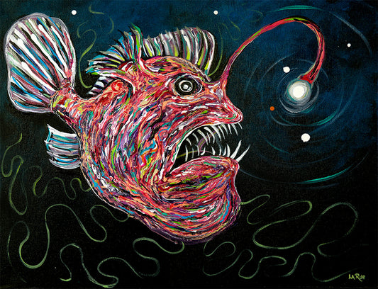 Vibrant acrylic painting of a deep-sea anglerfish with a glowing bioluminescent lure, set against a dark cosmic background with stars and swirling water patterns.