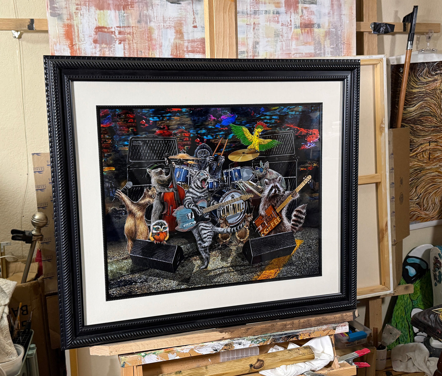 Animalz Signed 23.25x27.4 in. Black Ornate Frame white mat.