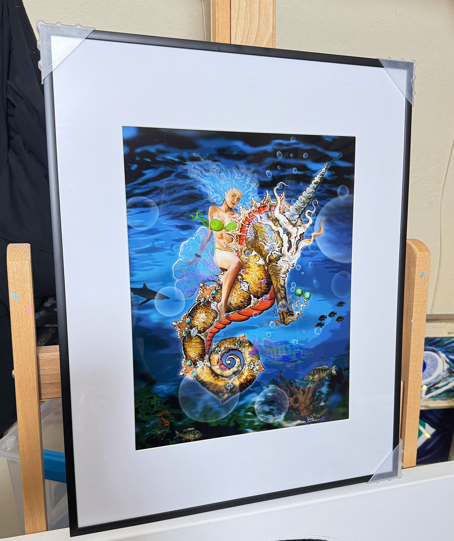 Aquatic Goddess riding a unicorn pegasus seahorse in the ocean with sharks and fish by Doug LaRue 16x20 black metal frame